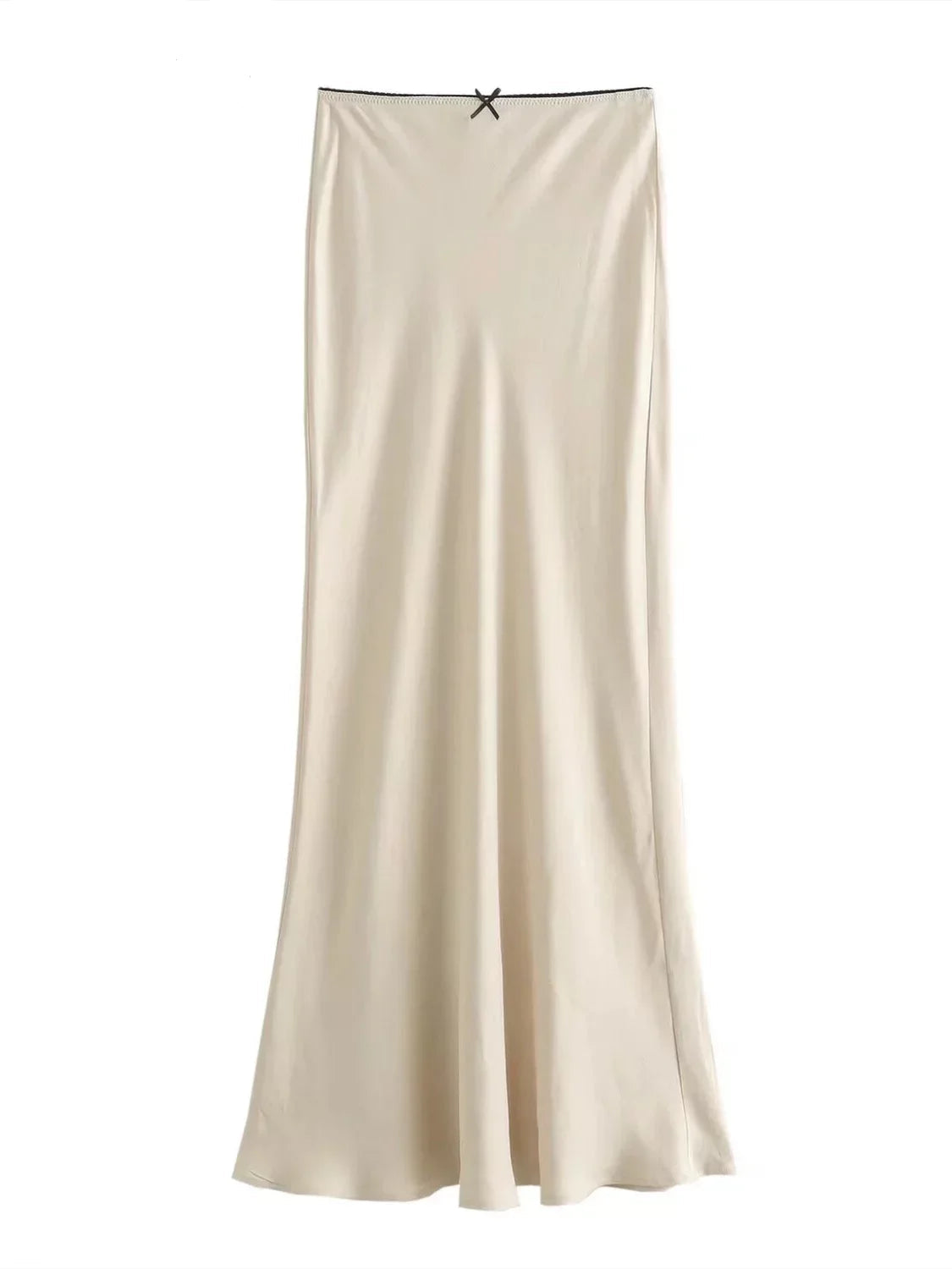 Beige satin slip dress on a white background