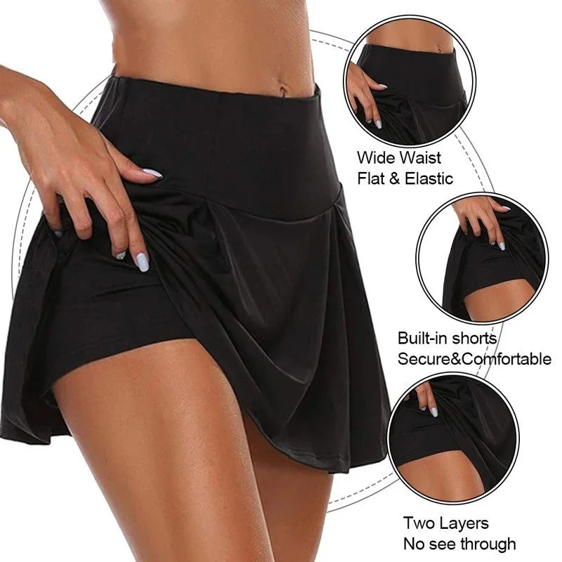 Black athletic skirt with features highlighted on a white background