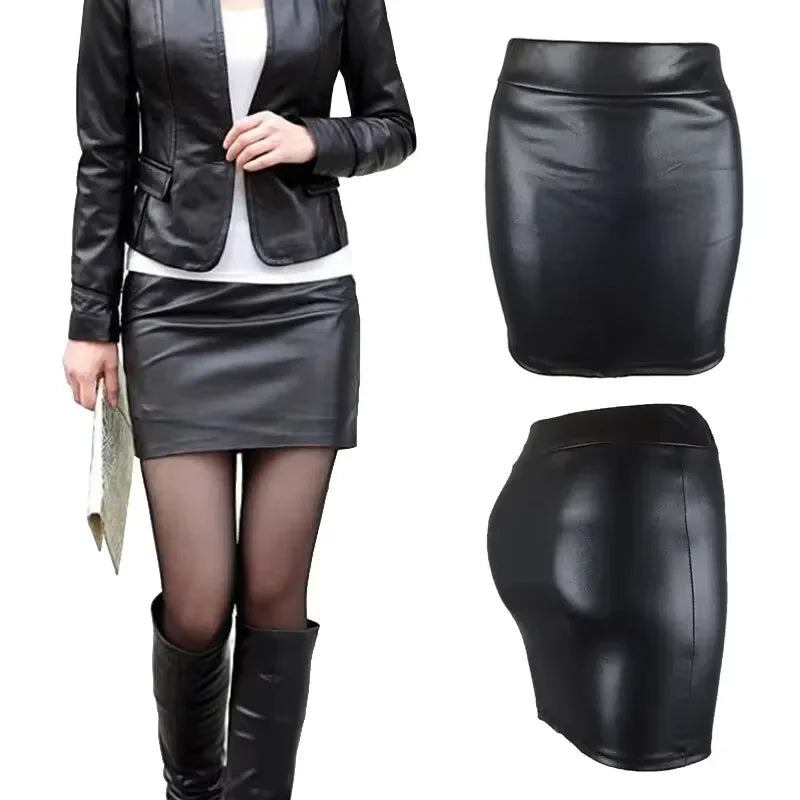 Black leather skirt with close-up views on a white background