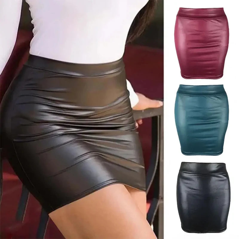 Black leather skirt worn by a person with additional color options displayed.