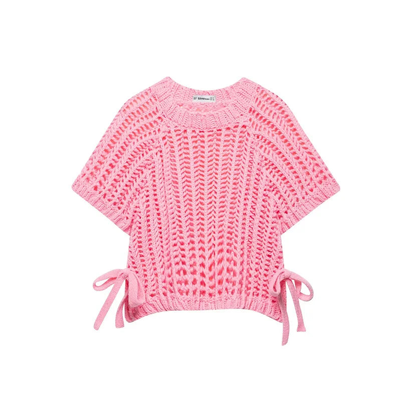 Pink knitted top with tie sleeves on a white background
