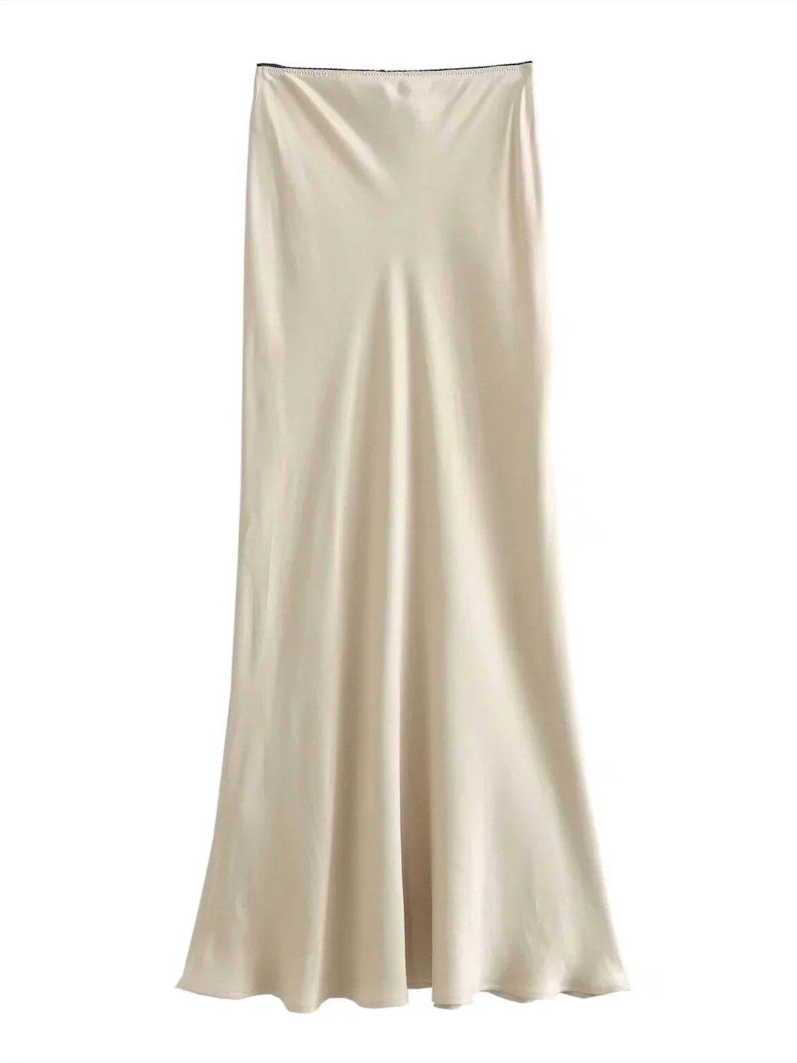 Beige satin slip dress on a white background