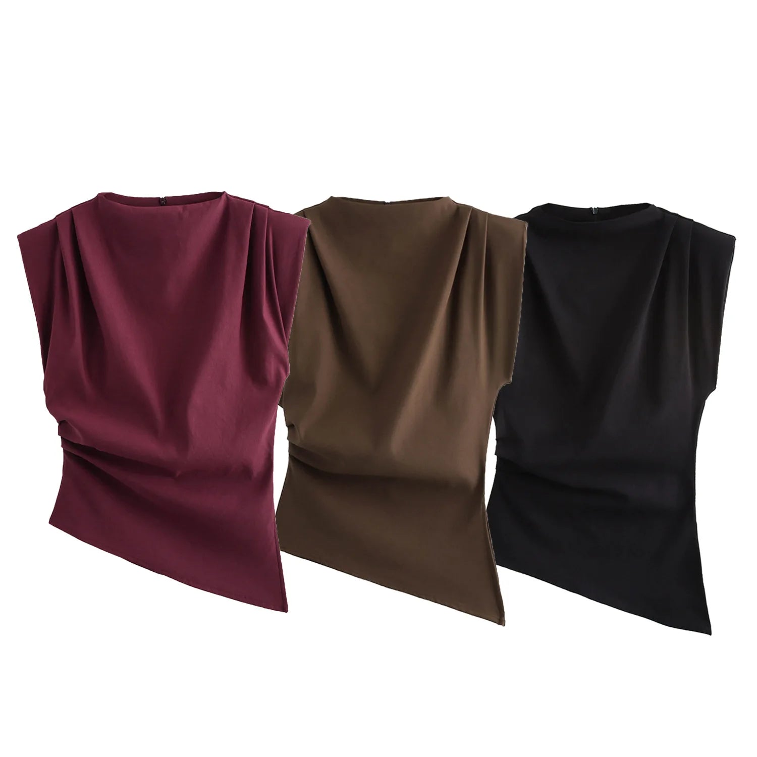 Three sleeveless tops in maroon, brown, and black on a white background