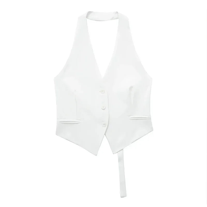 White halter top with a tie detail on a white background
