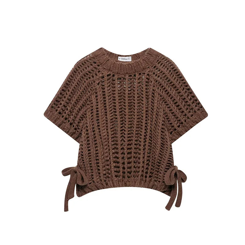 Brown knitted poncho on a white background