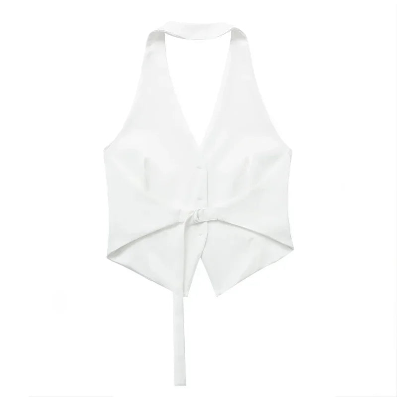 White halter top with a tie detail on a white background