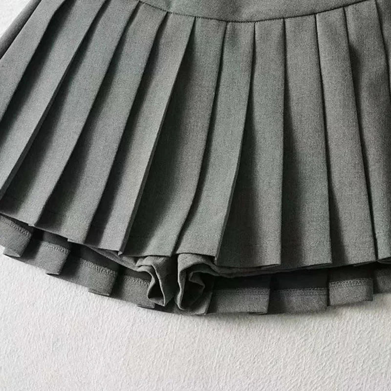 Close-up of a pleated gray skirt on a light gray background