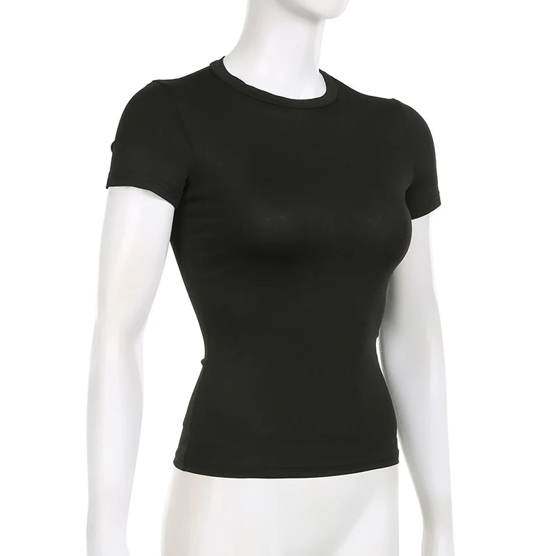Black t-shirt on a white mannequin against a white background