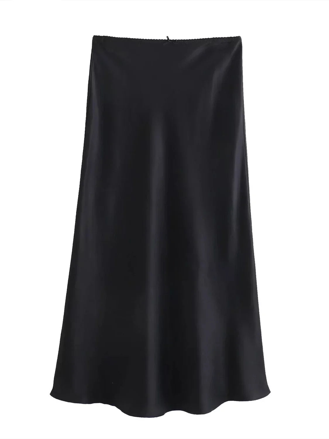 Black satin skirt on a white background with 'TRAF' branding.