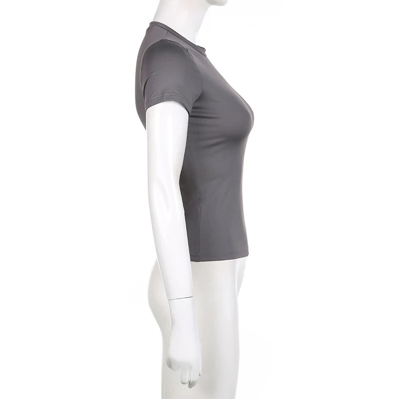 Gray short-sleeve top on a white mannequin against a white background