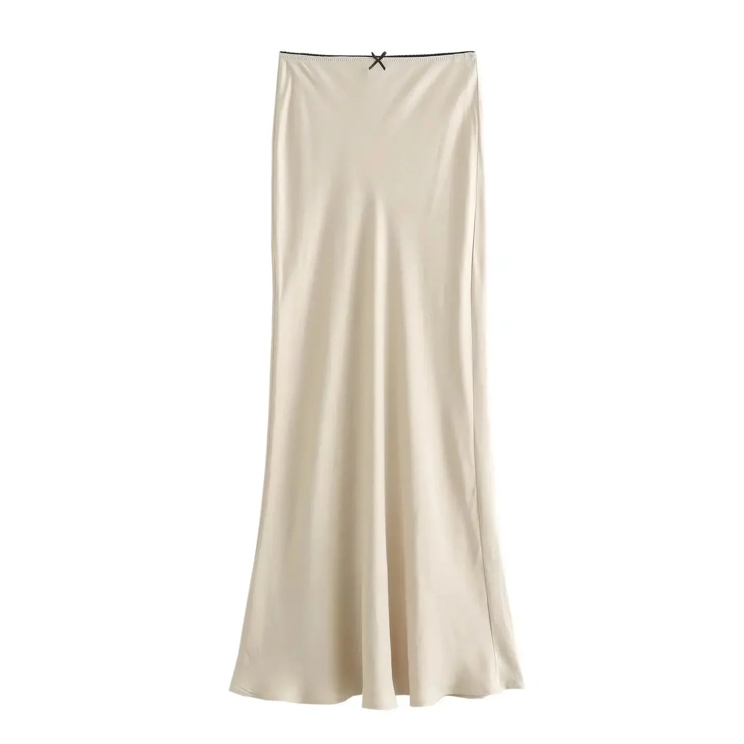 Beige satin slip dress on a white background