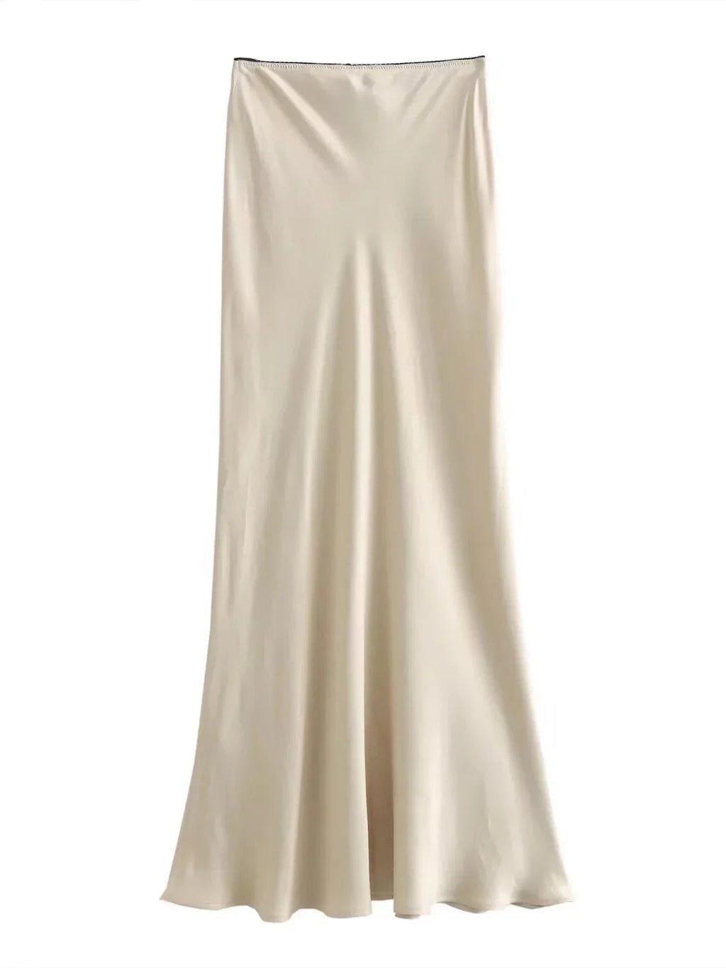 Beige satin slip skirt on a white background with 'TRAF' branding.