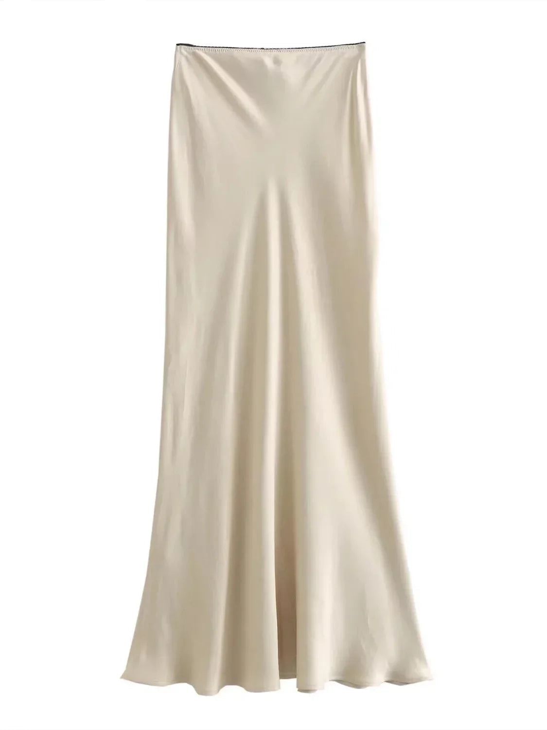 Beige satin slip skirt on a white background with 'TRAF' branding.