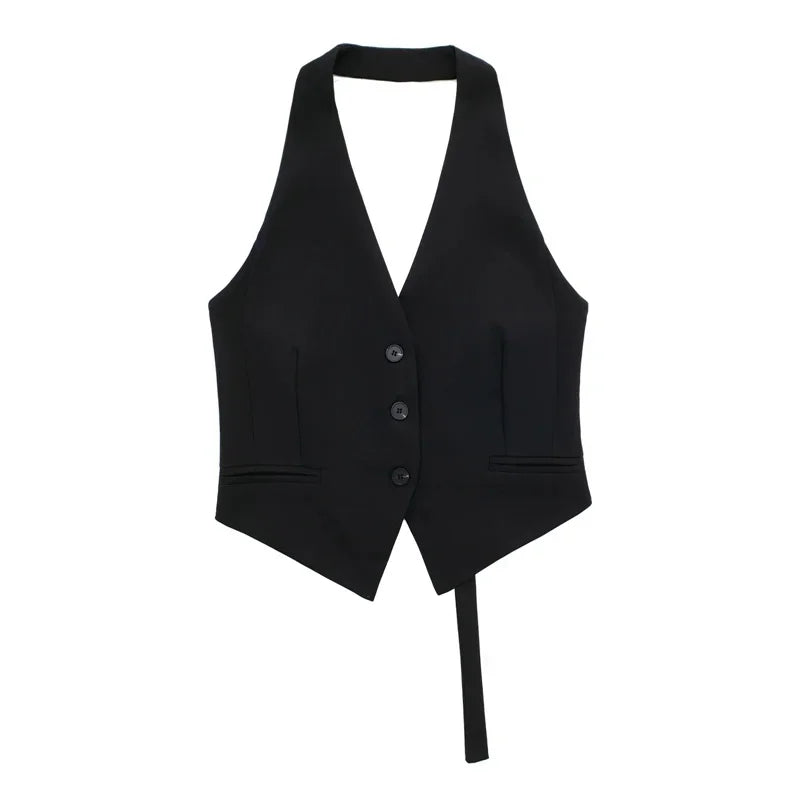 Black vest with a tie on a white background